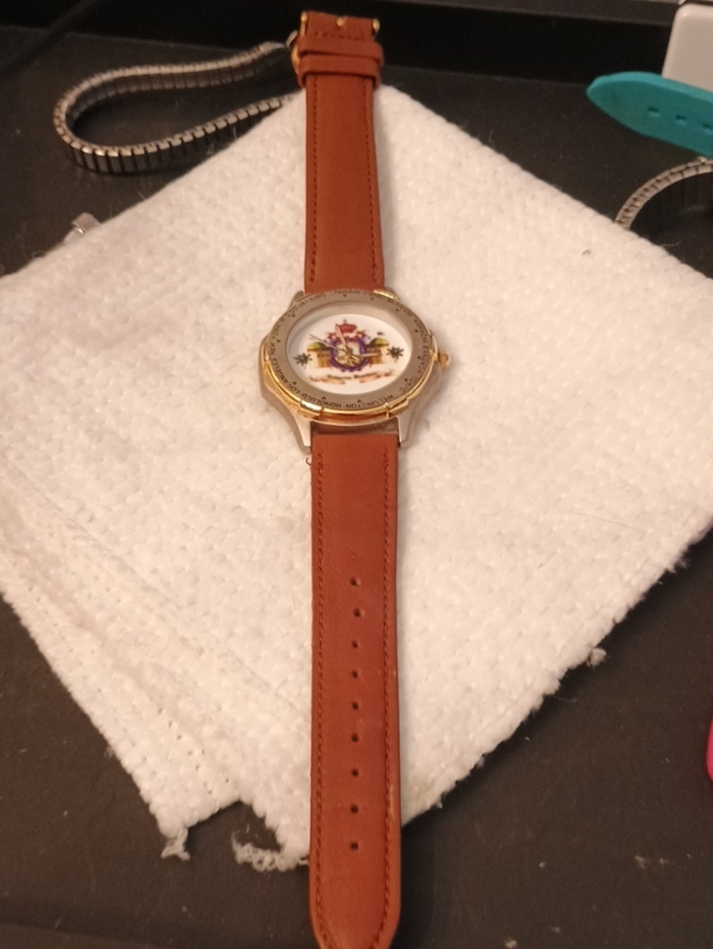 VTG Hofbräuhaus München World Time Souvenir Quartz Watch Brown Leather